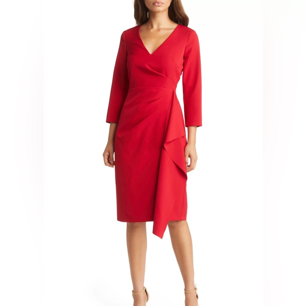 NWT Eliza J Red Body-Con Ruffle Detail V-Neck Cocktail Dress, size 4